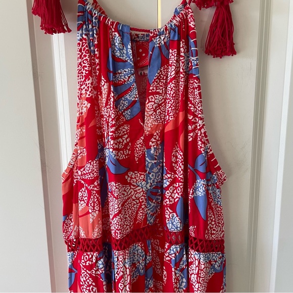 Red Carter Red Floral Tiered Halter Top Maxi Cover-Up Dress Size Large - Picture 14 of 15